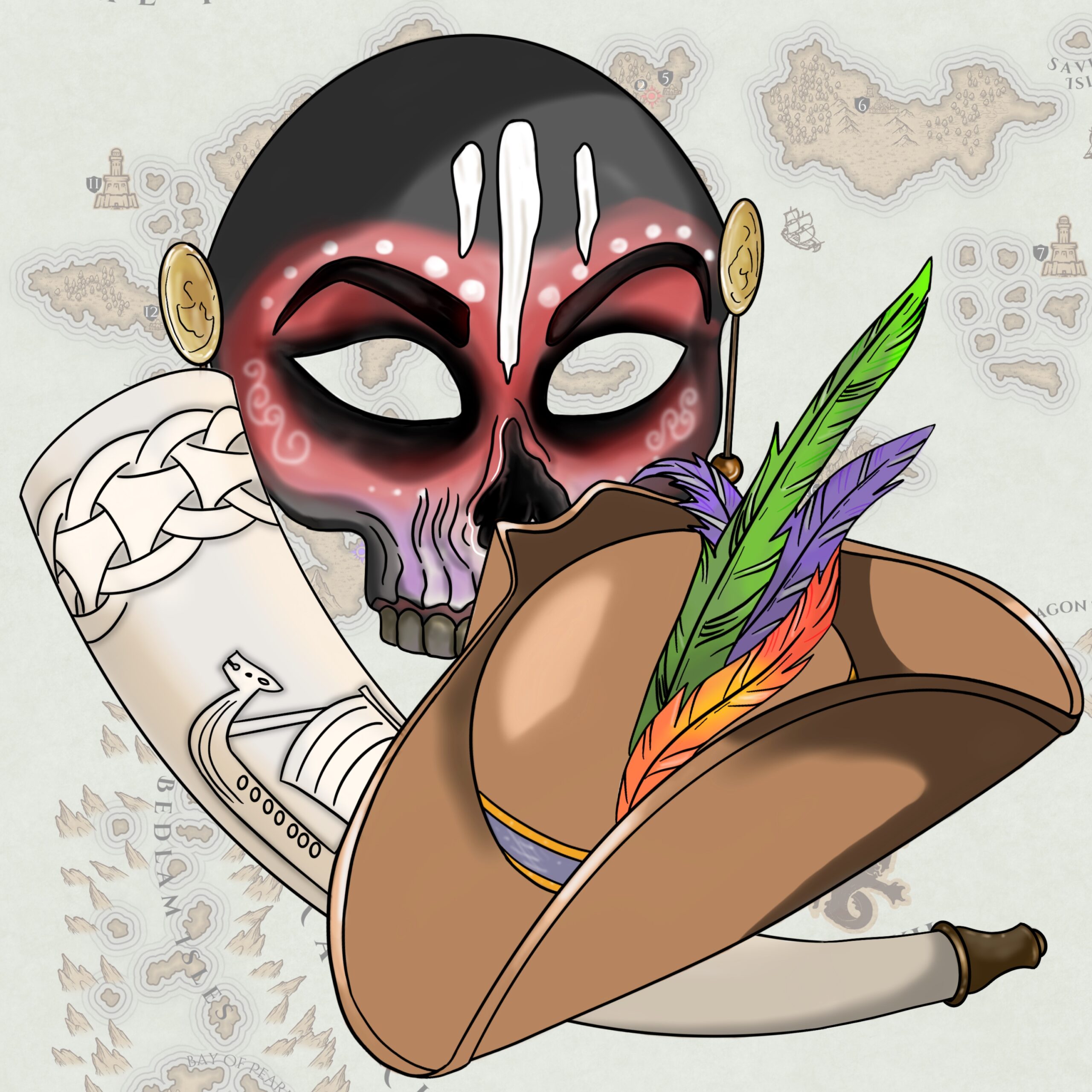 An image representing Archipelago. Against a background image of a map are shown a Viking drinking horn, a pirate hat, and a Voodoo mask.