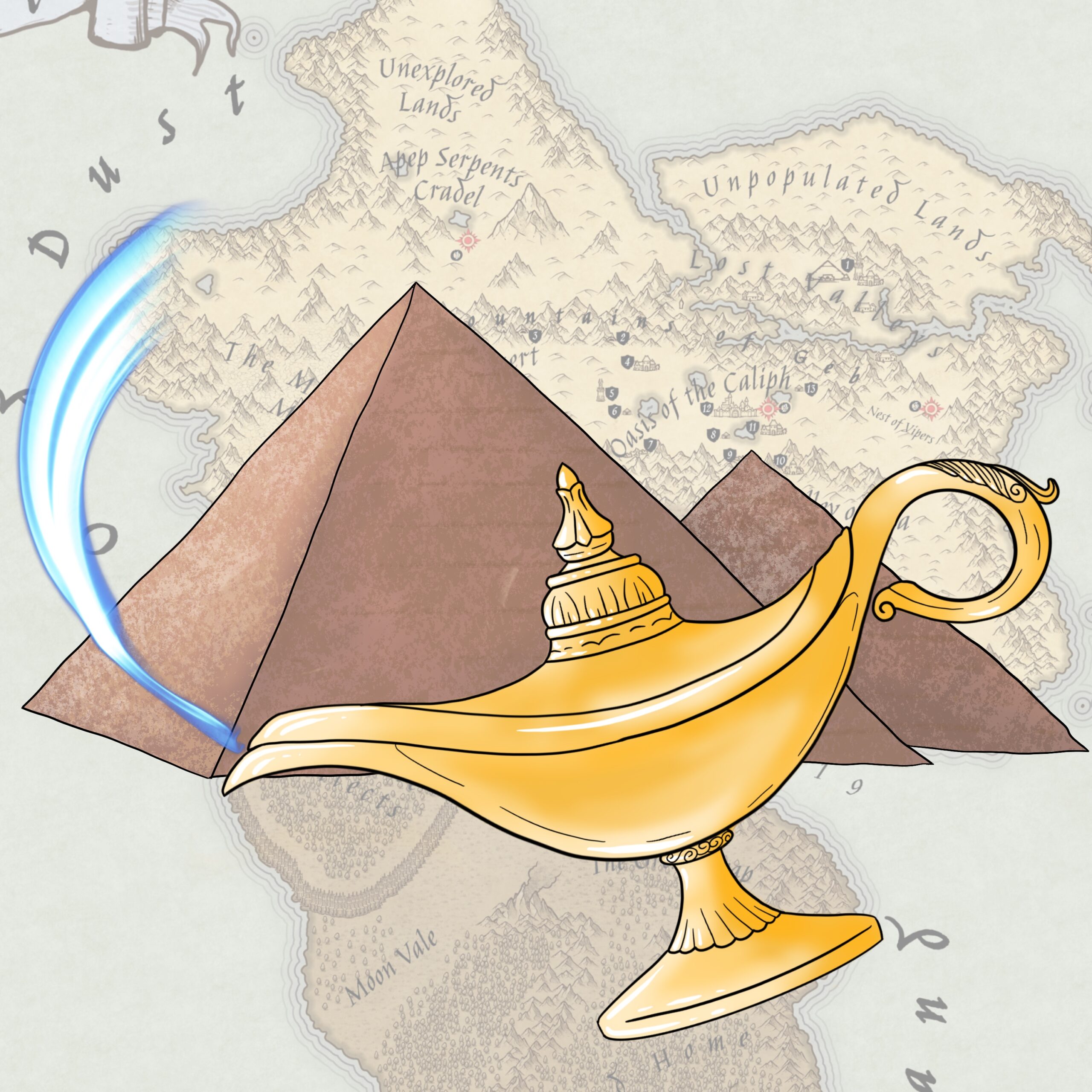 An image representing Dust. AGainst a background of a map are shown pyramids and a magic lamp.